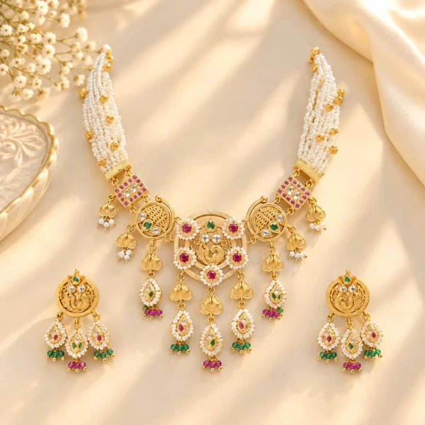 Royal Kundan & Pearl Multi-Strand Necklace Set with Matching Earrings