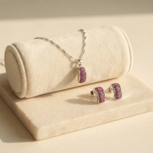 Dazzling Ruby-Pink Silver Jewelry Set