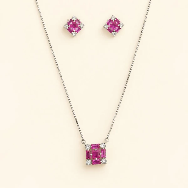 Silver Magenta Crystal Cluster Jewelry Set
