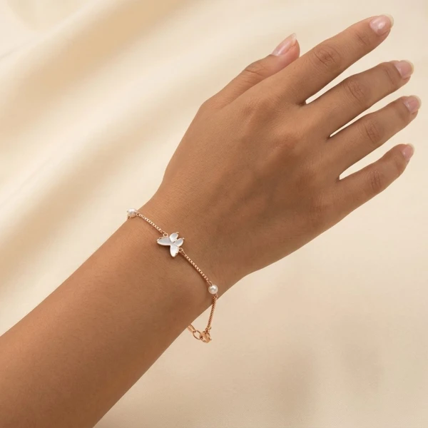Rose Gold Plated Silver Butterfly Mother-of-Pearl & Pearl Bracelet