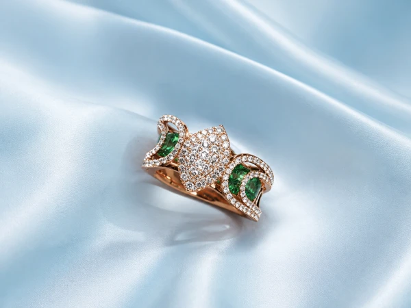 Elegant Women’s Diamond Ring with Emerald Green Accents