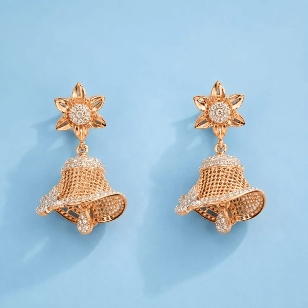 Floral Mesh Bell Gold Jhumka Earrings