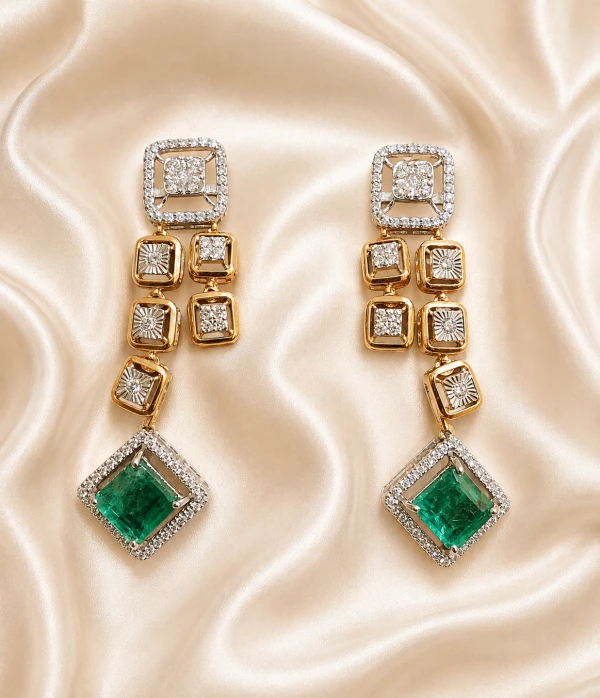 Elegant Green Stone Diamond-Style Drop Earrings for Women – Gold Finish