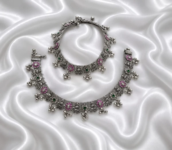 Traditional Oxidised Silver Floral Enamel Payal Set