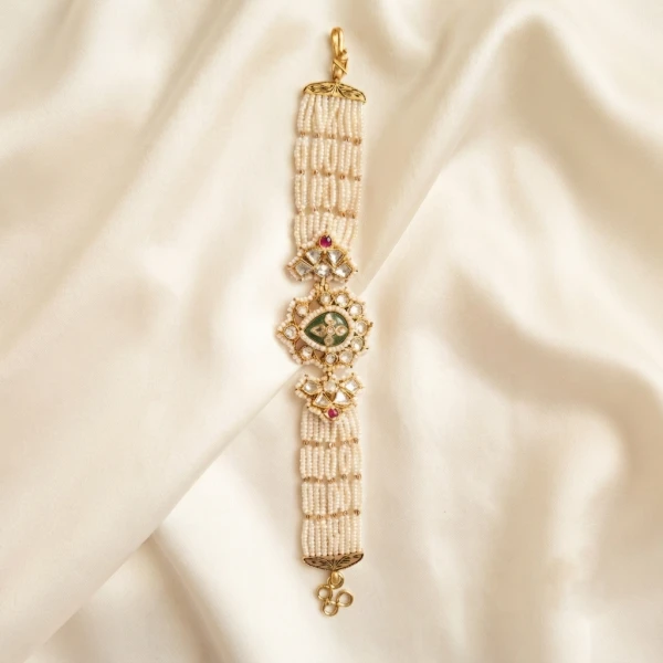 Gold Women’s Pearl & Green Stone Designer Bracelet