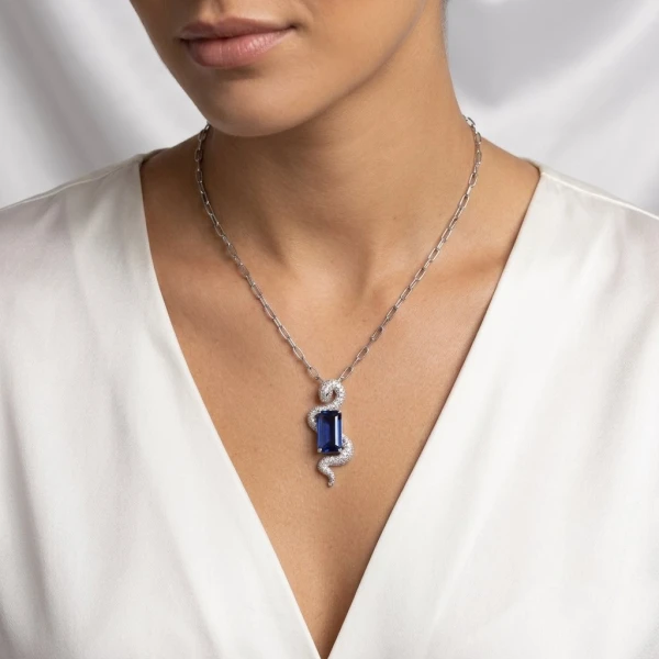 Sterling Silver Blue Gemstone Snake Pendant Necklace