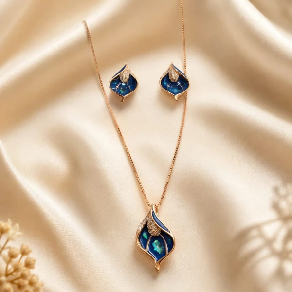 Silver Blue Floral Pendant Set