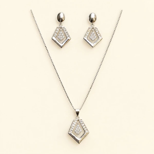 Silver Geometric Pavé Diamond Pendant & Earrings Set