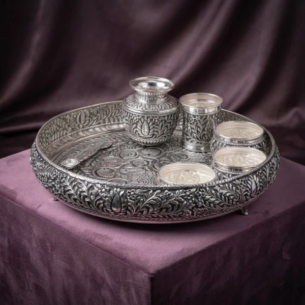 Intricate Floral Engraved 925 Silver Thali Set
