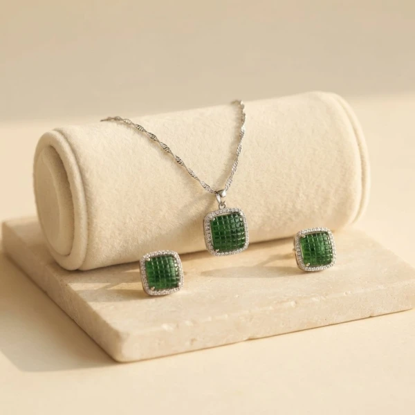 Emerald-Grid Cushion Cut Silver Jewelry Set