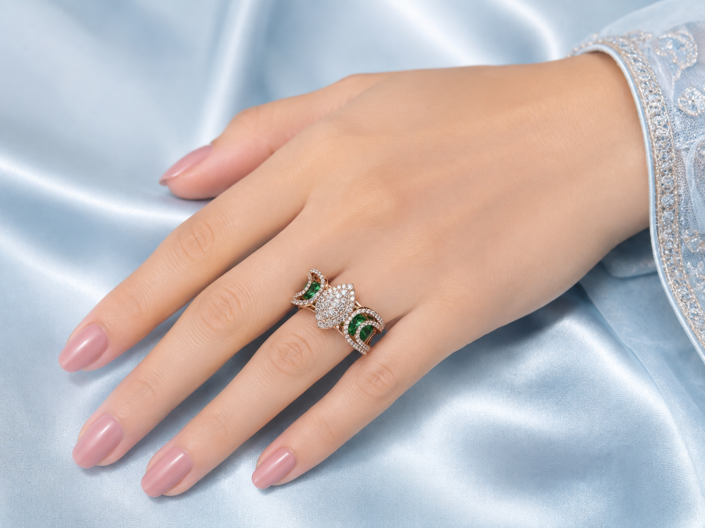 Elegant Women’s Diamond Ring with Emerald Green Accents Gallery View