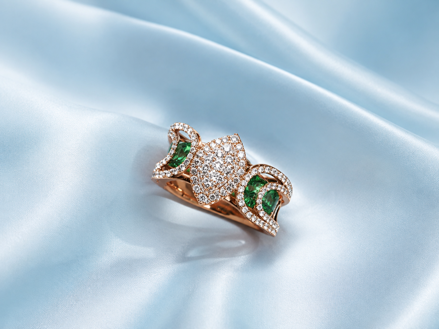 Elegant Women’s Diamond Ring with Emerald Green Accents
