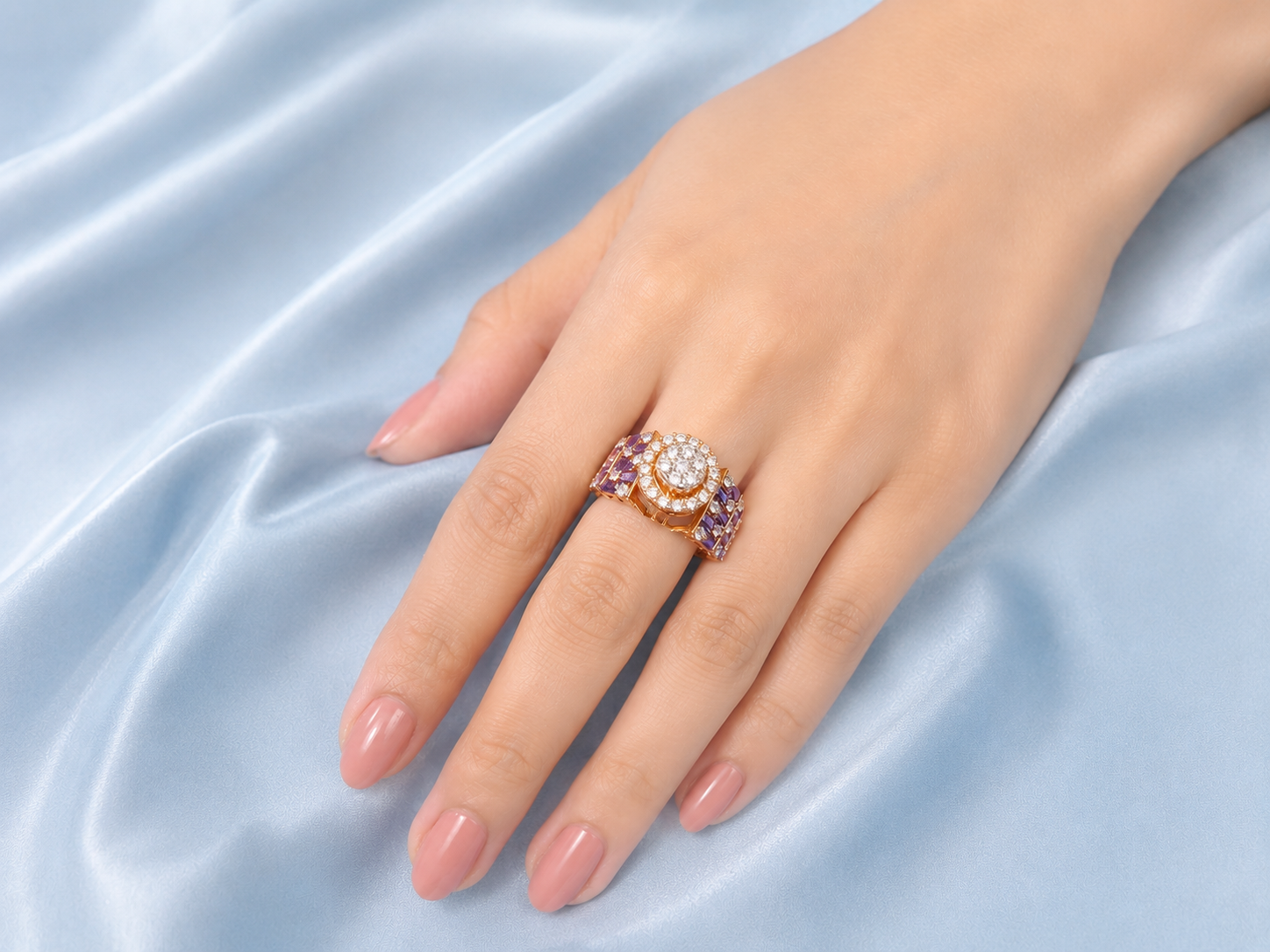 Elegant Women’s Diamond Ring with Purple Stone Accents Gallery View