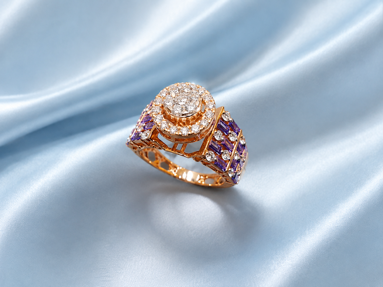 Elegant Women’s Diamond Ring with Purple Stone Accents