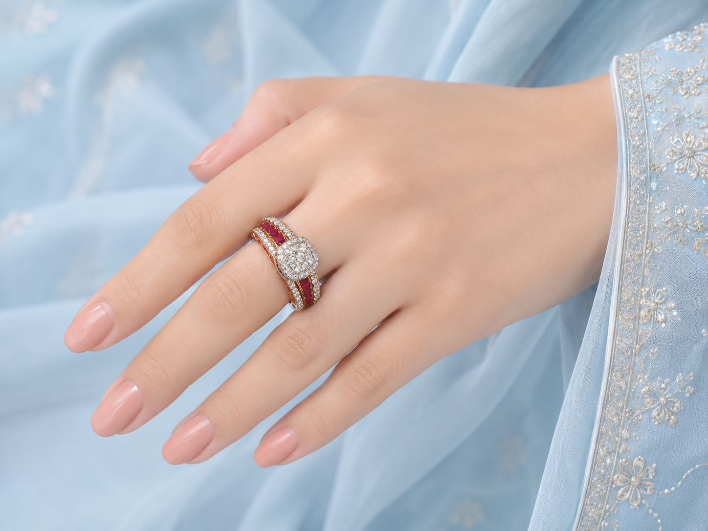 Elegant Women’s Diamond Ring with Ruby Accents Gallery View
