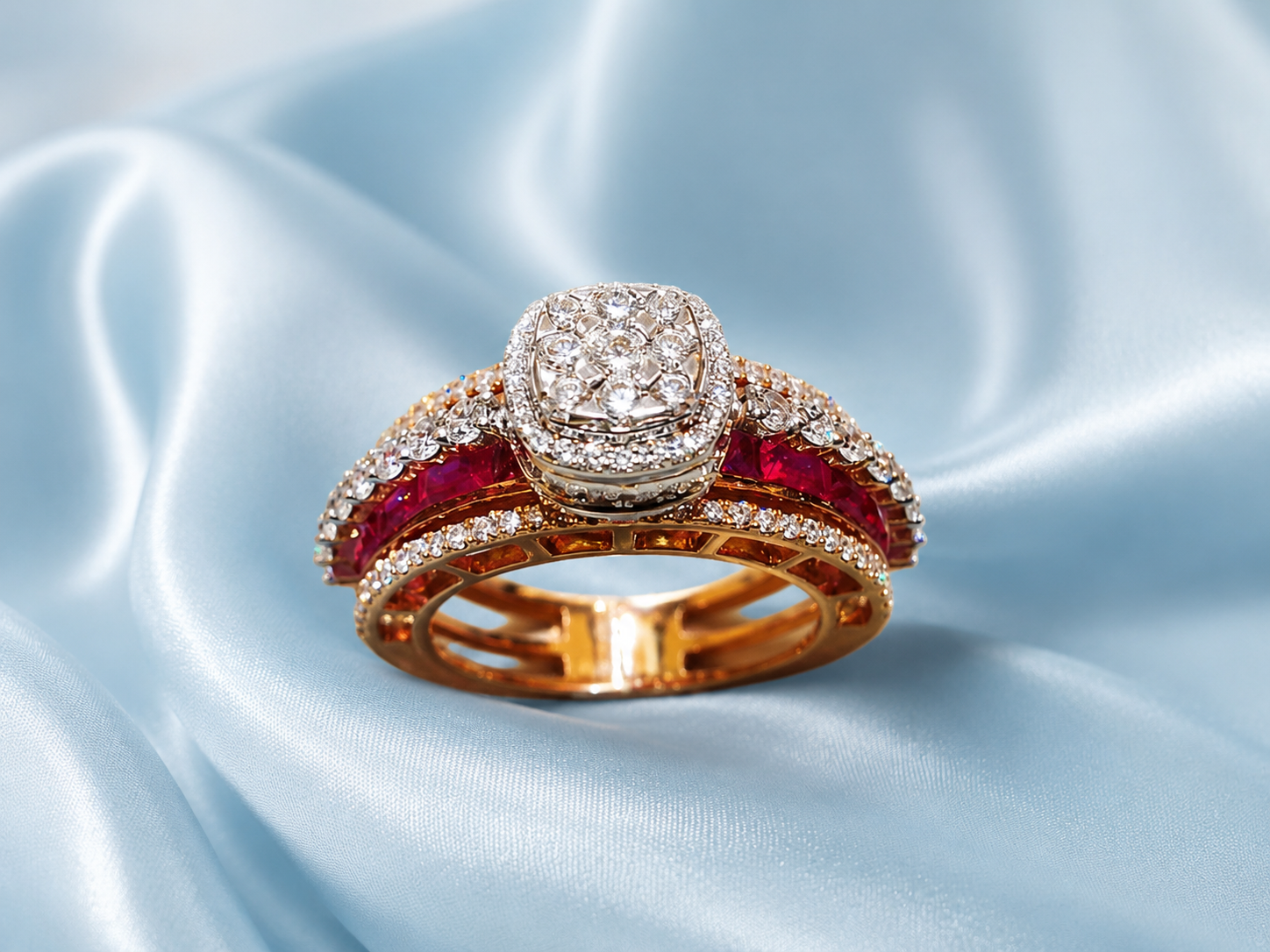 Elegant Women’s Diamond Ring with Ruby Accents