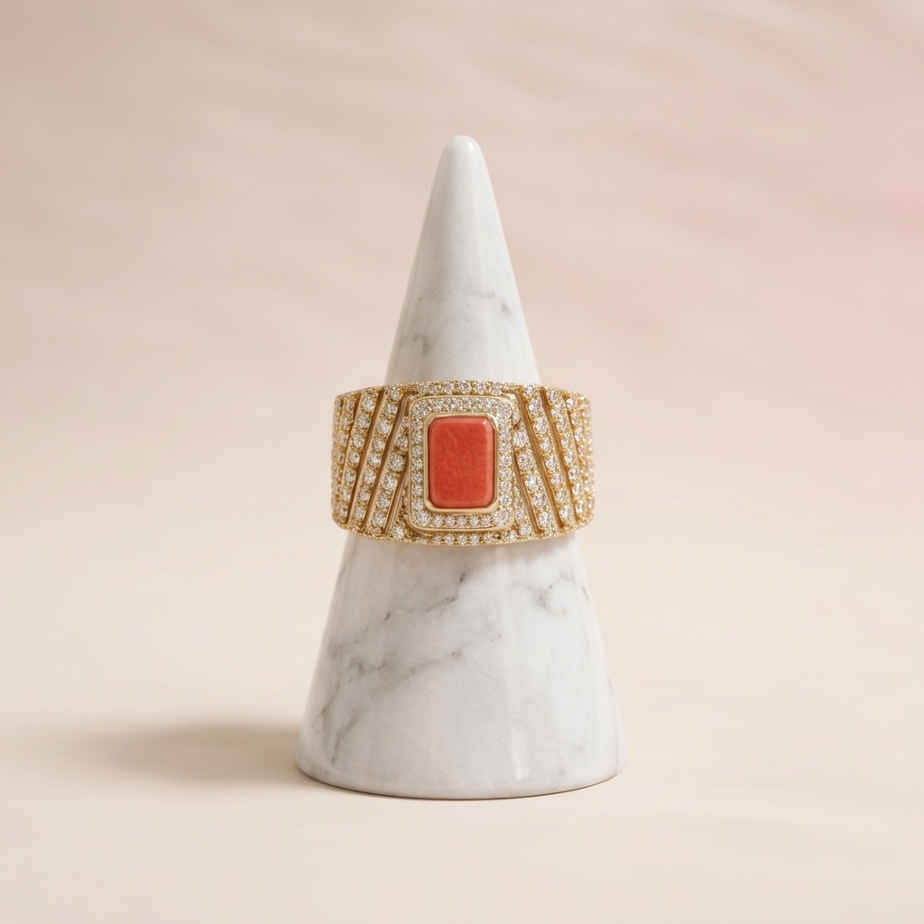 Aura Gold Peach Coral Cabochon Ring