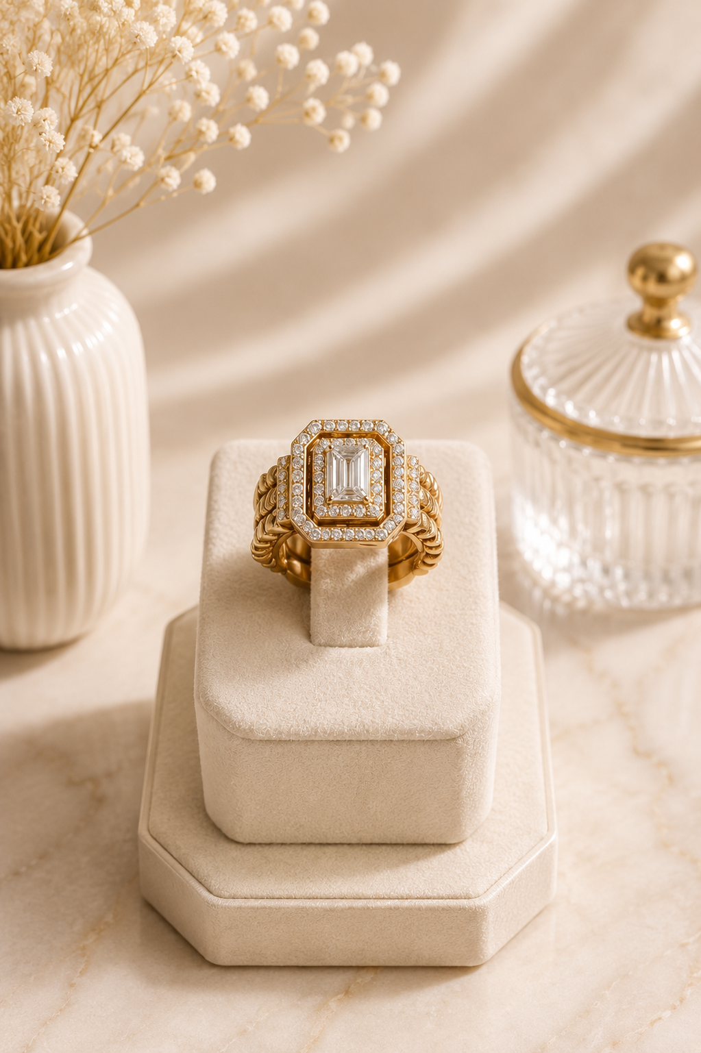 Opulent Gold Emerald Cut Double Halo Ring