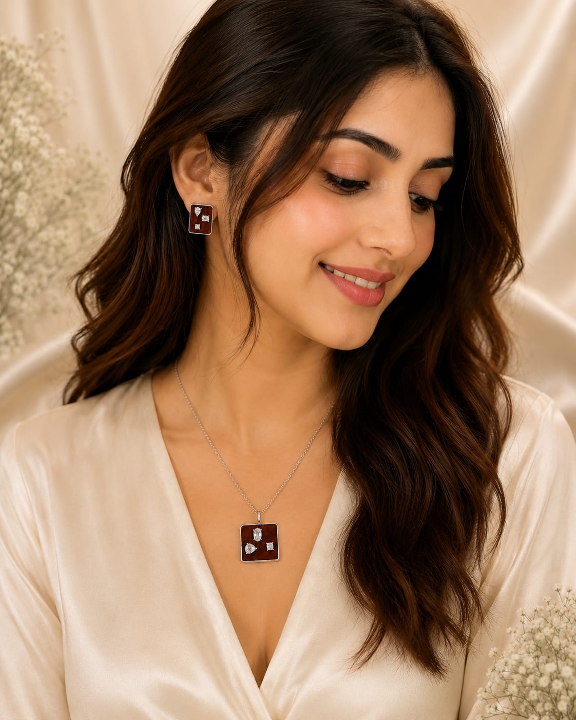 Elegant Women’s Silver Pendant & Earrings Set with Brown Inlay Gallery View