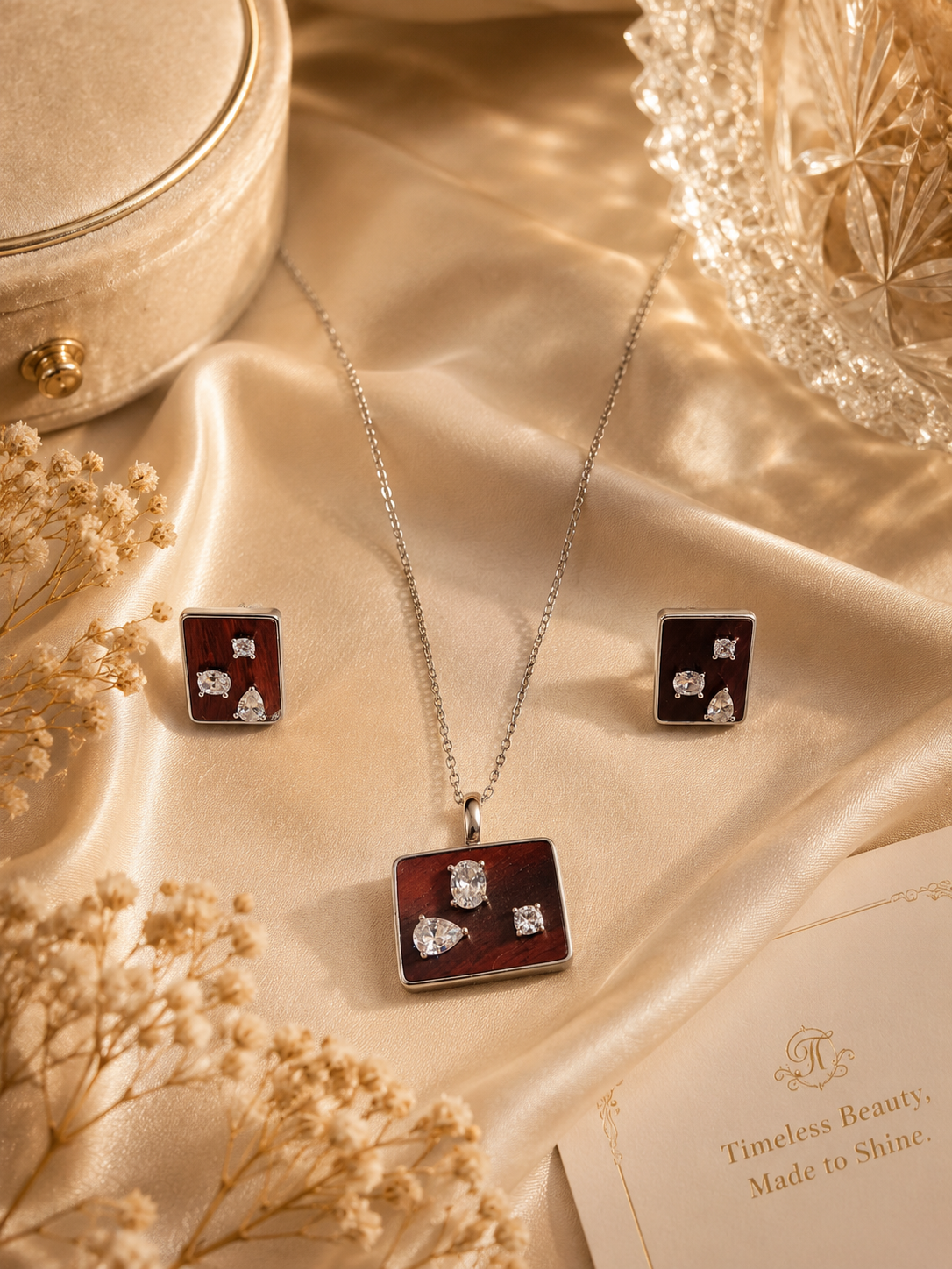 Elegant Women’s Silver Pendant & Earrings Set with Brown Inlay